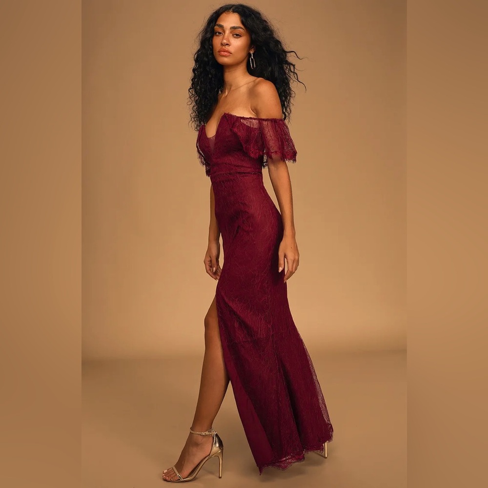 Lulu’s Caught In a Daydream Burgundy Lace Off-the-Shoulder Maxi Dress